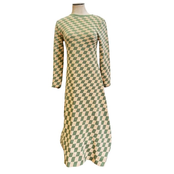 Zara Checked Knit Dress in sage green and cream.  size L - Picture 2 of 6